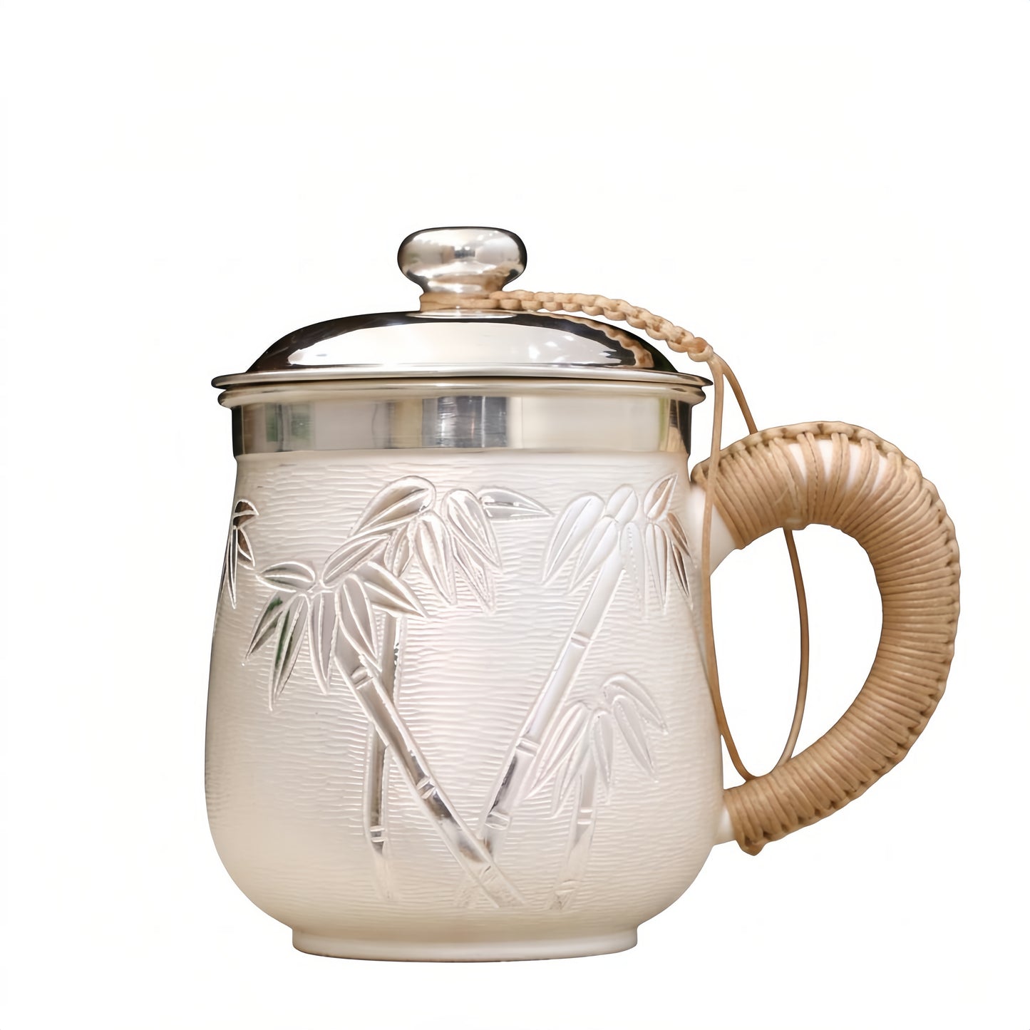 925 Sterling Silver Elegant White Ceramic Teacup with Bamboo Design and Woven Handle-Premium Tea Mug - Handicraft