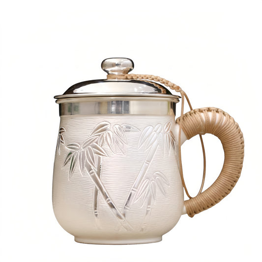 925 Sterling Silver Elegant White Ceramic Teacup with Bamboo Design and Woven Handle-Premium Tea Mug - Handicraft