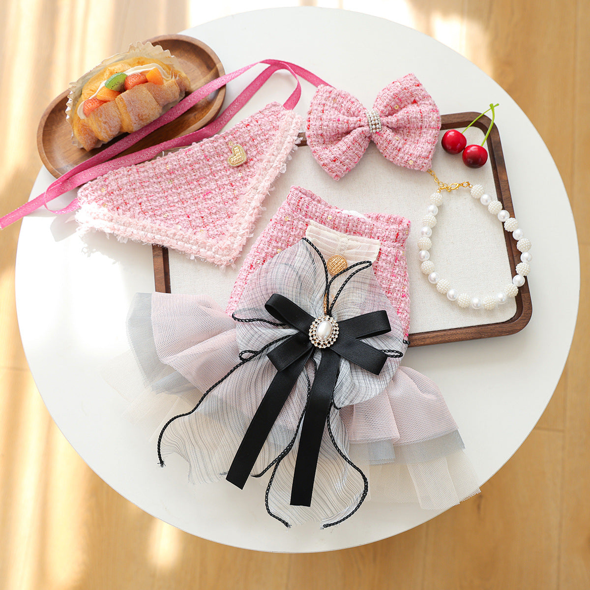 Cute Pet Chanel-Style Bow Hair Clip And Bib Accessory Set