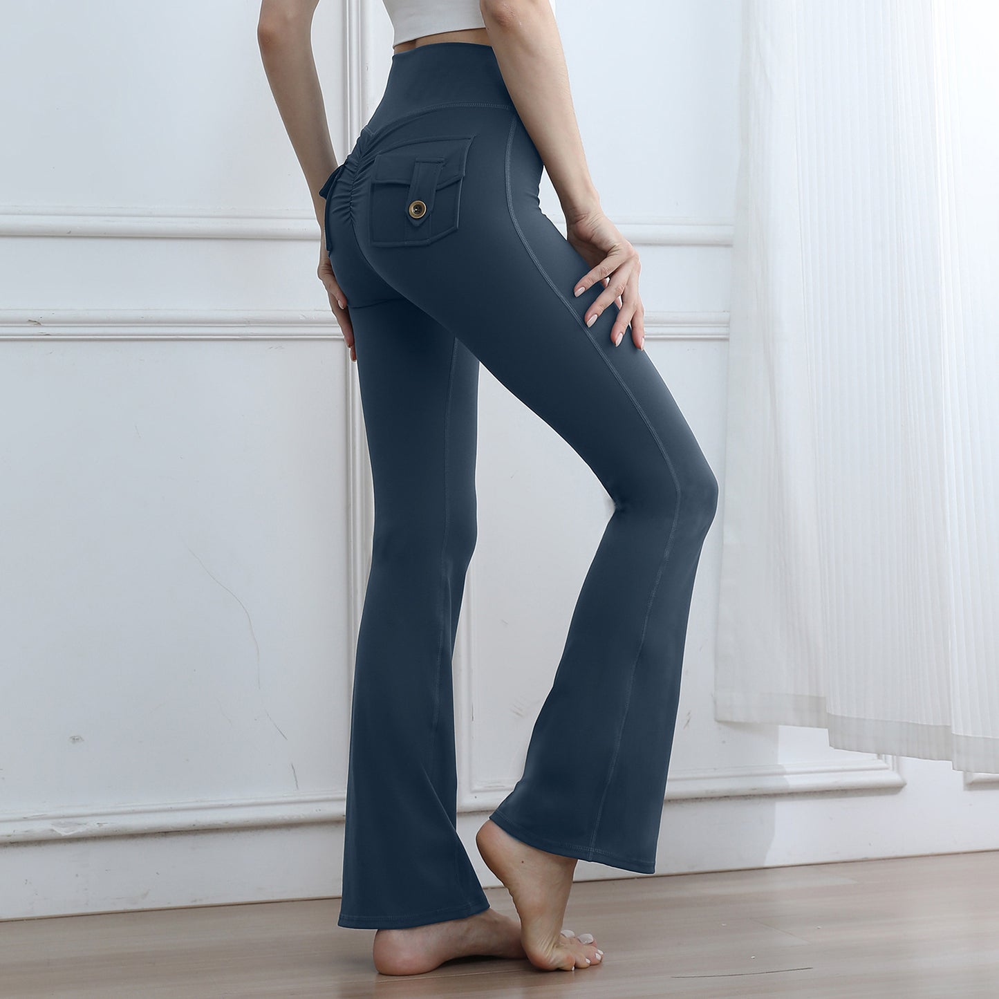 Women's High-Waisted Cargo Pocket Peach Butt Yoga Pants For Autumn And Winter, European & American Style, Stretchy Lifting Butt Quick-Dry Athletic Leggings For Running And Fitness