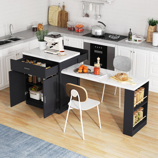 Kitchen Island With Extendable Dining Table For 4-6 People, Two-tone Kitchen Table, Socket,charging Station, Storage Cabinet, 2 Drawers, 2 Side Open Shelves