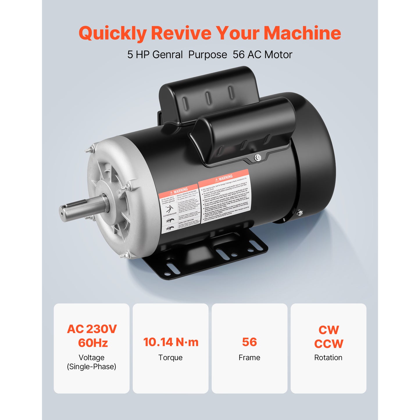 5 H P Electric Motor, 3450RPM Air Compressor Motor, CW CCW Rotation, 0.875 Inch Shaft Diameter, 2.25inch Shaft Length, 10.14N.m Torque, Single-Phase, 230V, TEFC Cooling