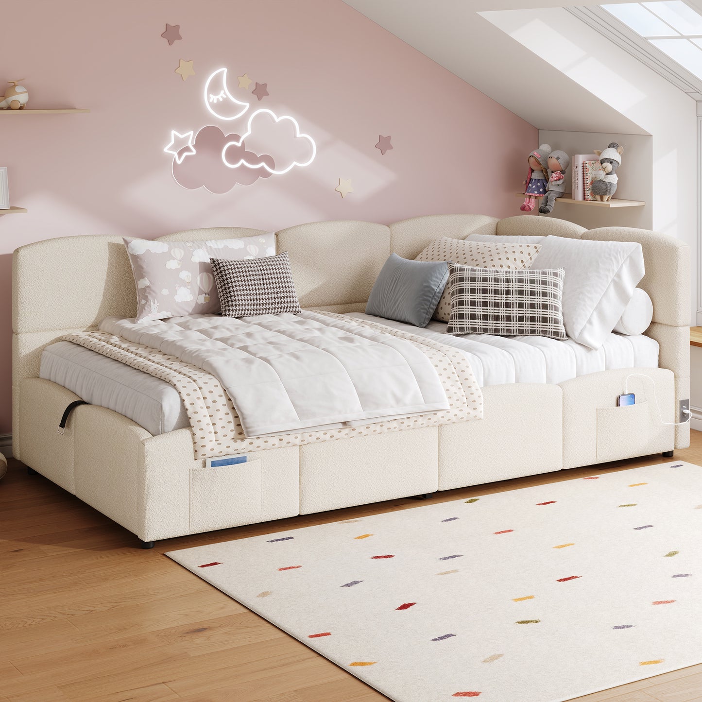Upholstered Sofa Bed 90 X 190 Cm, 3-ft Single Daybed, Children's Bed, Single Sofa Bed With Slatted Frame, Hydraulic Storage, USB Charging, Boucle, Beige Without Mattress