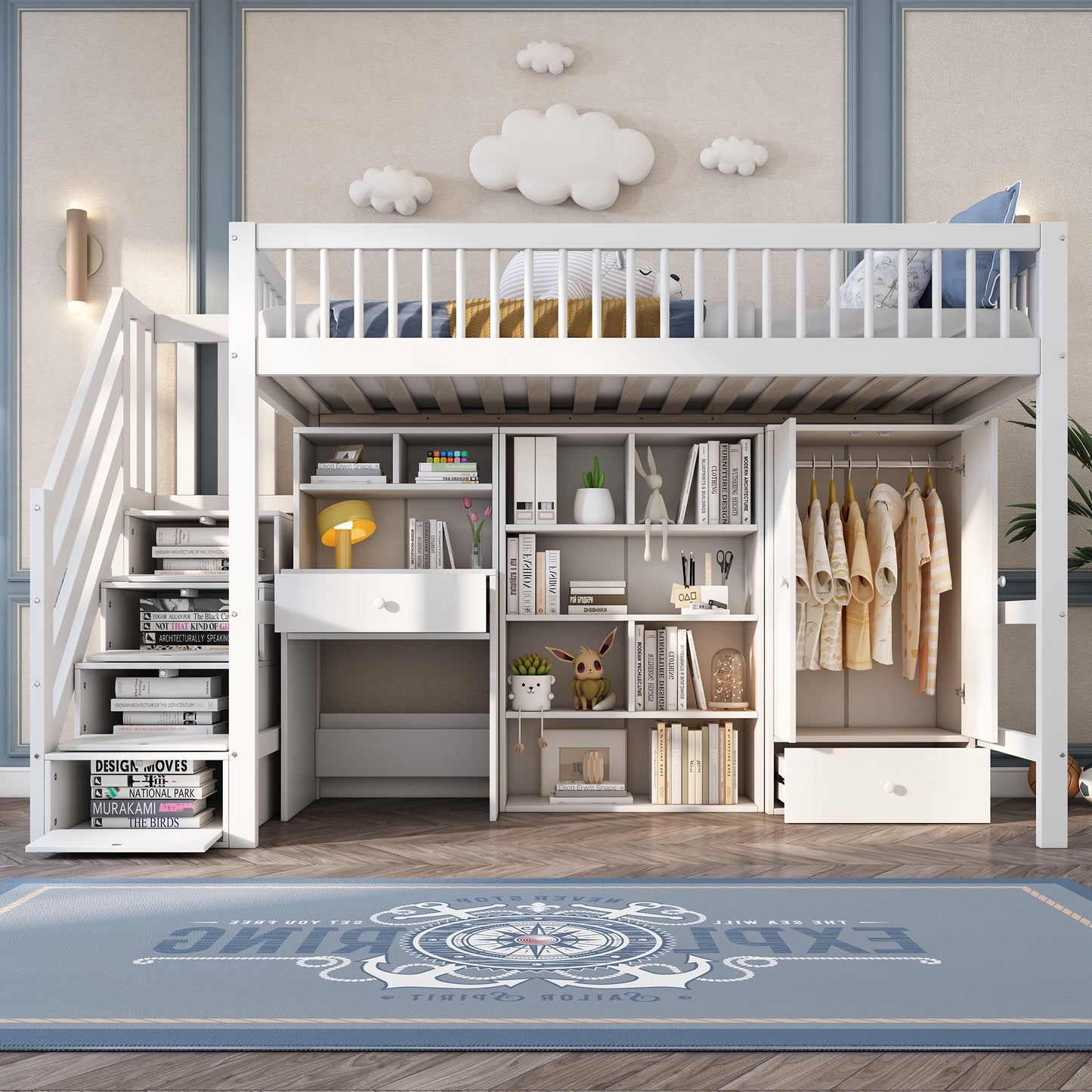 Crib, Single Bed, Multifunctional Crib ,With Desk&Stairs&Lockers&Wardrobe,Without Mattress,Solid Wood MDF, White, 90x200 OLD SKU 3221289012AAW
