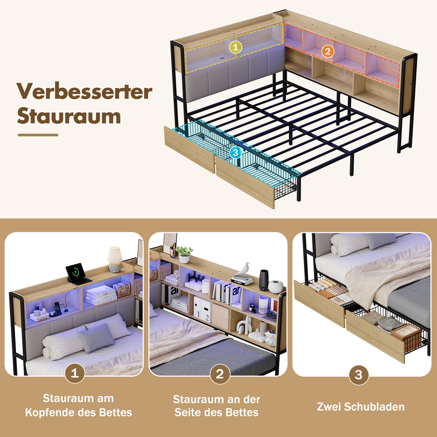 Upholstered Bed Daybed Sofa Bed 140x200 With LED Lighting, USB&Typec Charging Station, Daybed, Youth Bed With 2 Drawers And Metal Slatted Base, Headboard With Storage, Natural Colour