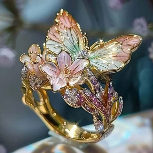 New Fashion Jewelry For Amazon, Exquisite Rhinestone Enamel Butterfly Flower Ring, Colorful Adjustable Open Band For Women