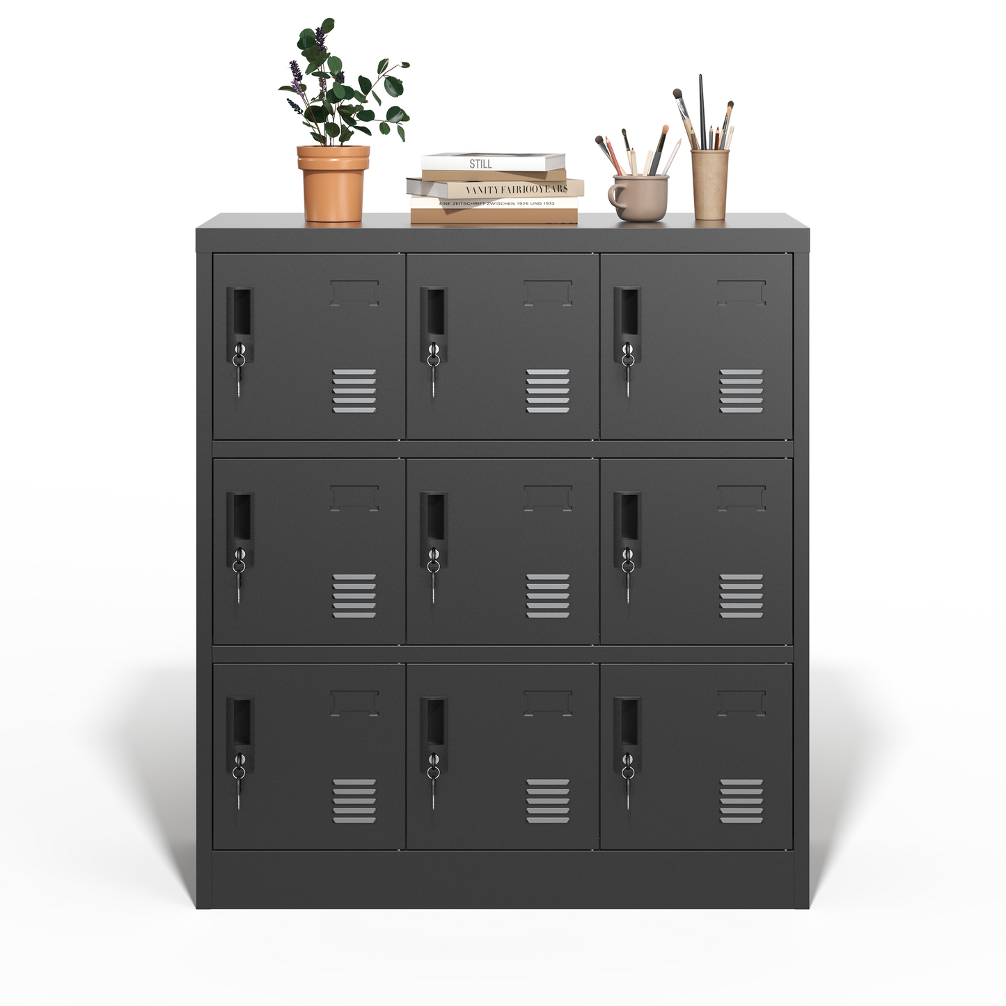 9-Door Employee Storage Locker, Metal Lockers For Office, Gym, School, And Homewith Card Slot  Black