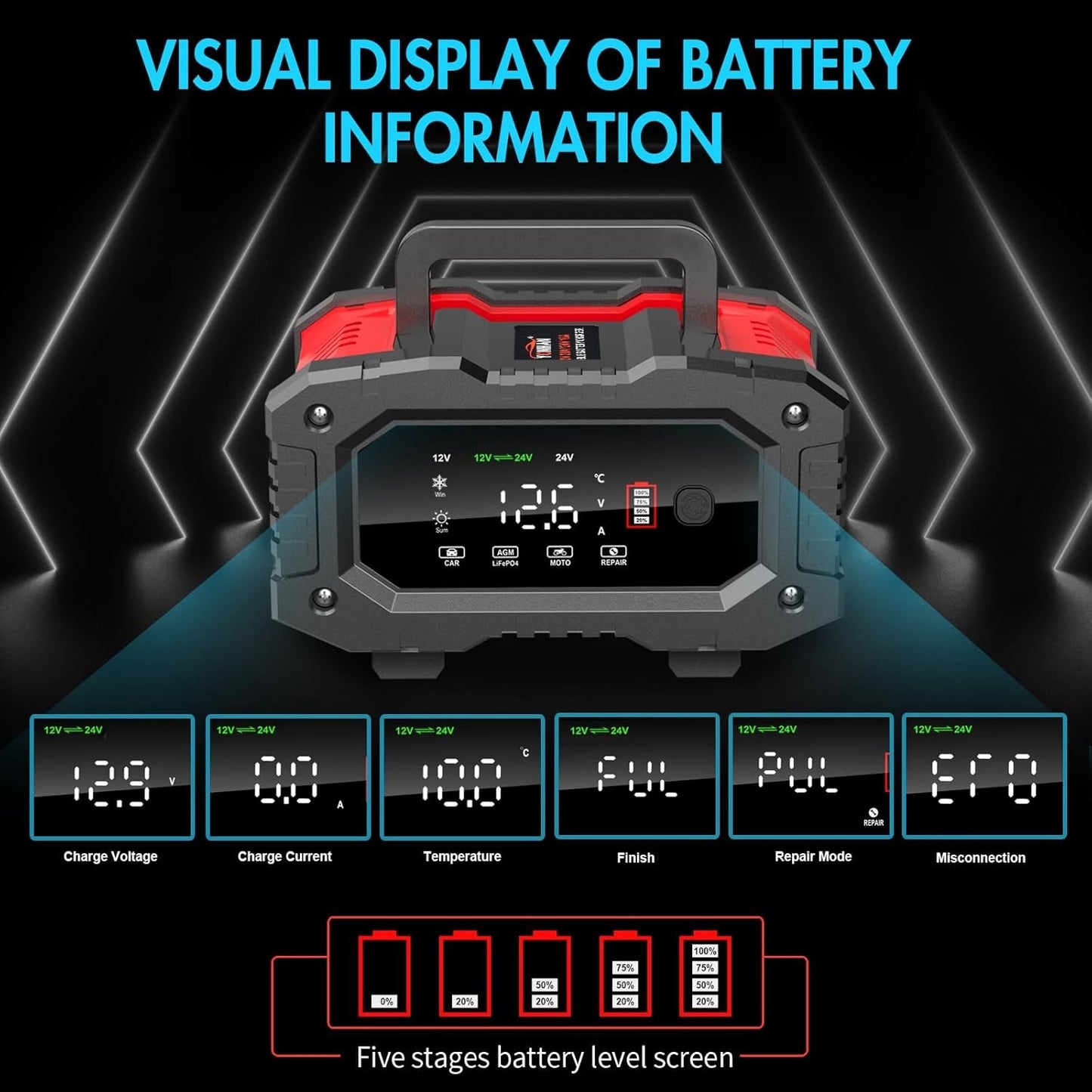 20A 12V 24V 20 Amp Car Battery Smart Charger For Lead Acid LiFePo4 AGM Battery