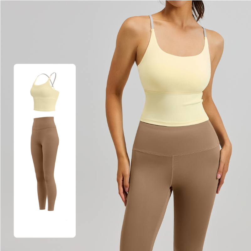 Women's Two-Piece Sports Fitness Outfit With Camisole Top & Long Pants, Color Block Shockproof Yoga Wear For Indoor Training