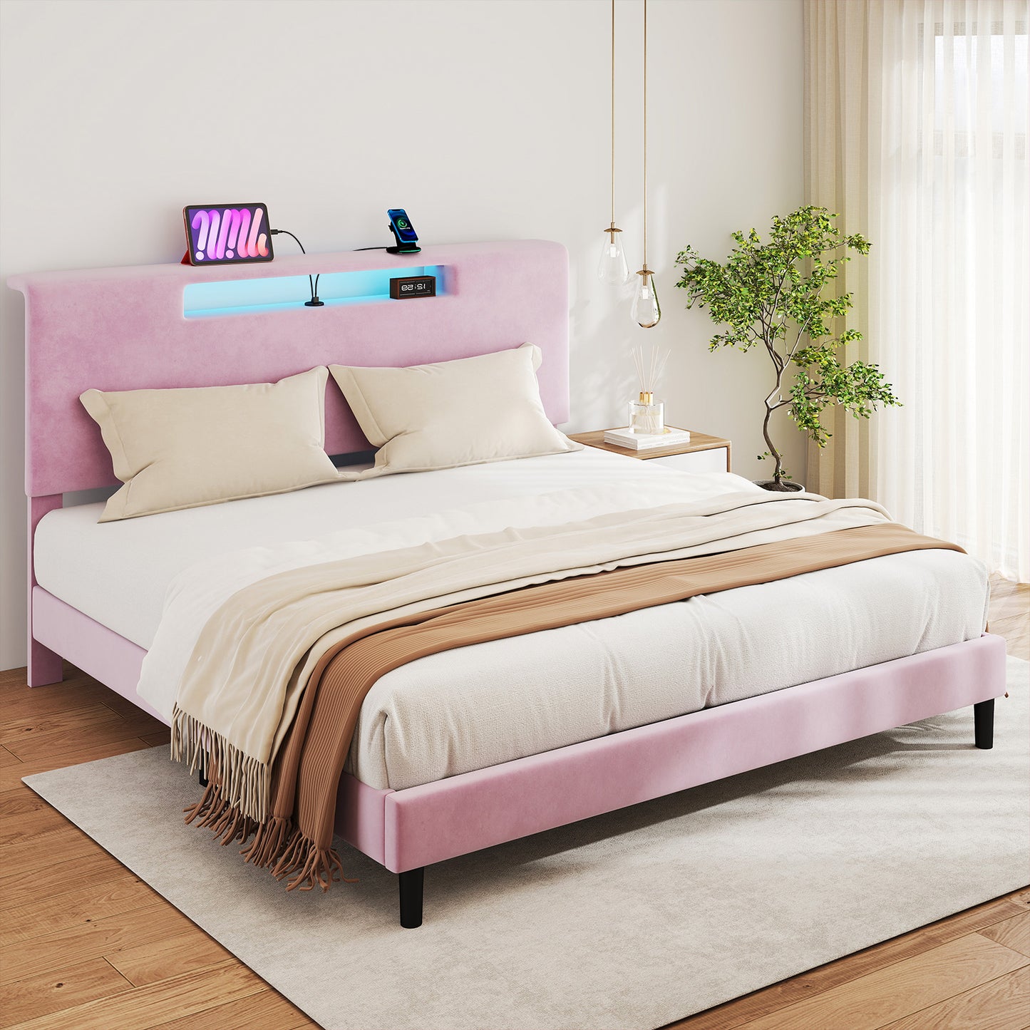 King Size Bed Frame With Charging Station And Adjustable LED Light Wood Slat Support Bed Frame With Upholstered Headboard No Box Spring Needed Easy Assembly