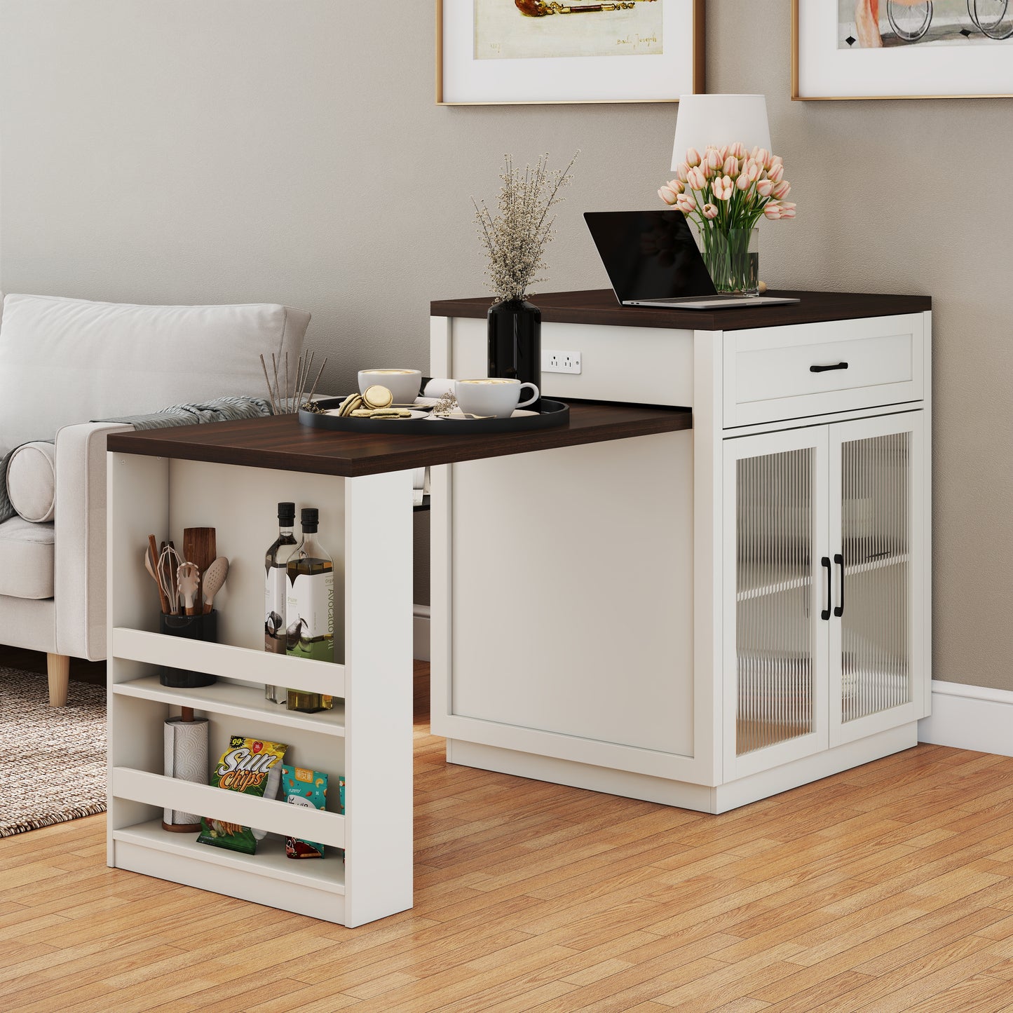 83.1 Extendable Kitchen Island With Slide Out Table And Storage Racks For 2-6 Person,Kitchen Island With Tempered Glass Doors,Walnut Woodgrain Dining Table,Power Outlet,Bar,Prep Station Cream White