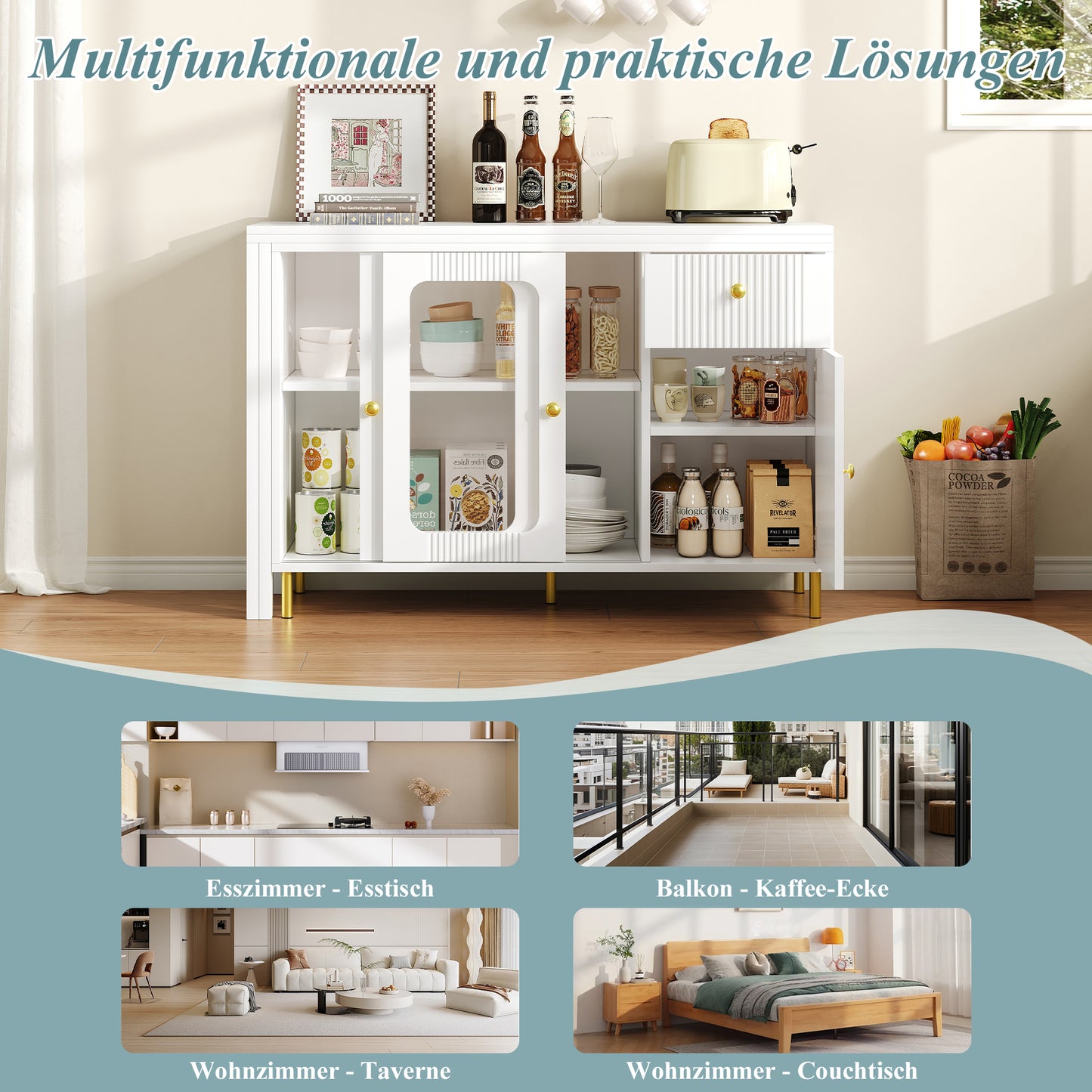 Modern White Buffet Sideboard With Folding & Extendable Table Top, Swivel Surface, Golden Metal Legs, Sliding Glass Doors & Wave Pattern - Perfect For Dining Room & Kitchen