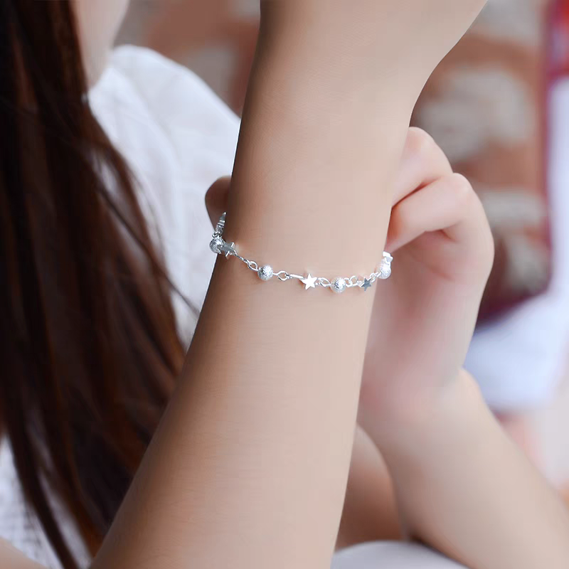 1pc 999 Sterling Silver Star & Frosted Bead Bracelet, Sweet Minimalist Style, Perfect For Daily Wear And Valentine's Gift