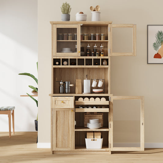 TOPMAx Farmhouse 35.4x17.7x74.8inch Freestanding Buffet With Hutch  Tall Kitchen Pantry Storage Cabinet With Wine Rack And Adjustable Shelves For Dining Room  Natural