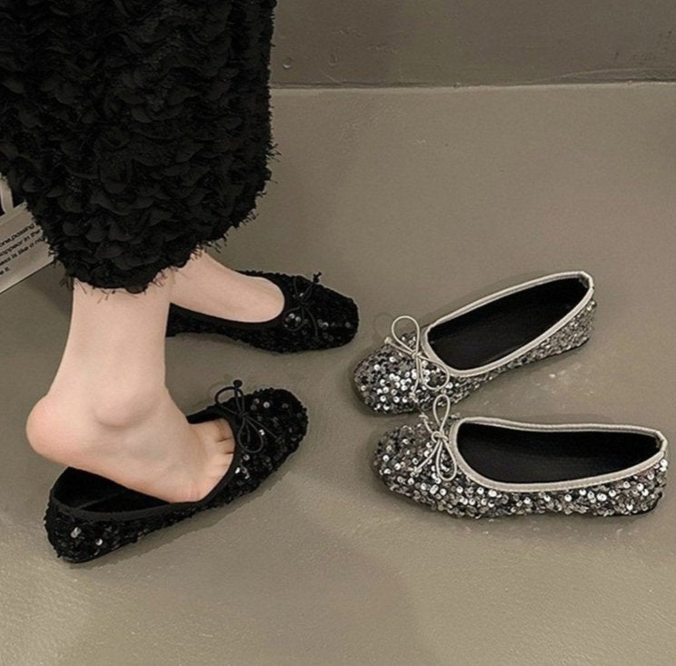 Women's Sequin Flat Versatile Pumps, 2026 Spring & Autumn New Gentle Evening Style Bow Low-Cut Soft Sole Loafers
