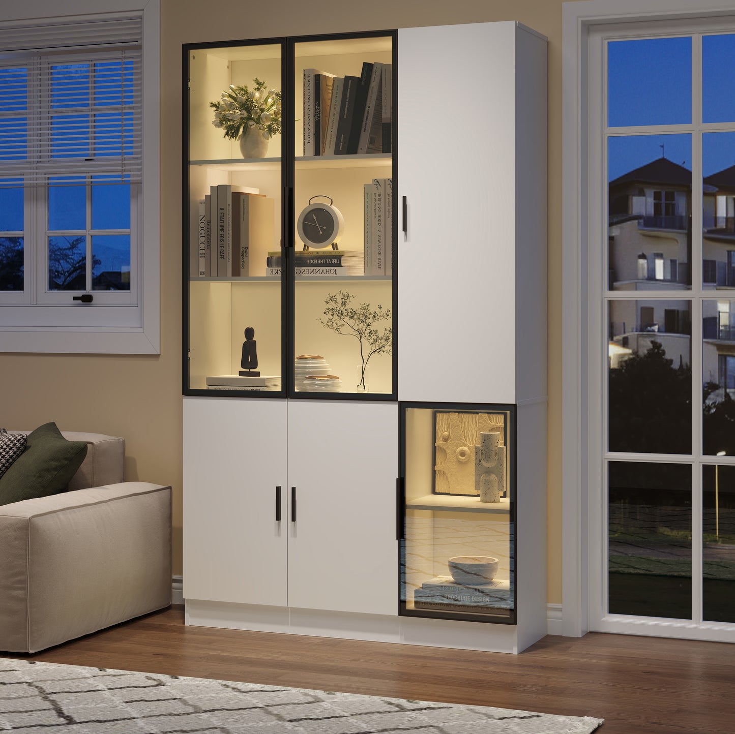 N625P3142394041W,Glass Display Cabinet Glass Cabinet Door 200cm High Display Cabinet With LED Lights,MultiStorage Bookcase For  Bedroom Living Room Office,Cabinet With Glass Door With Alumin