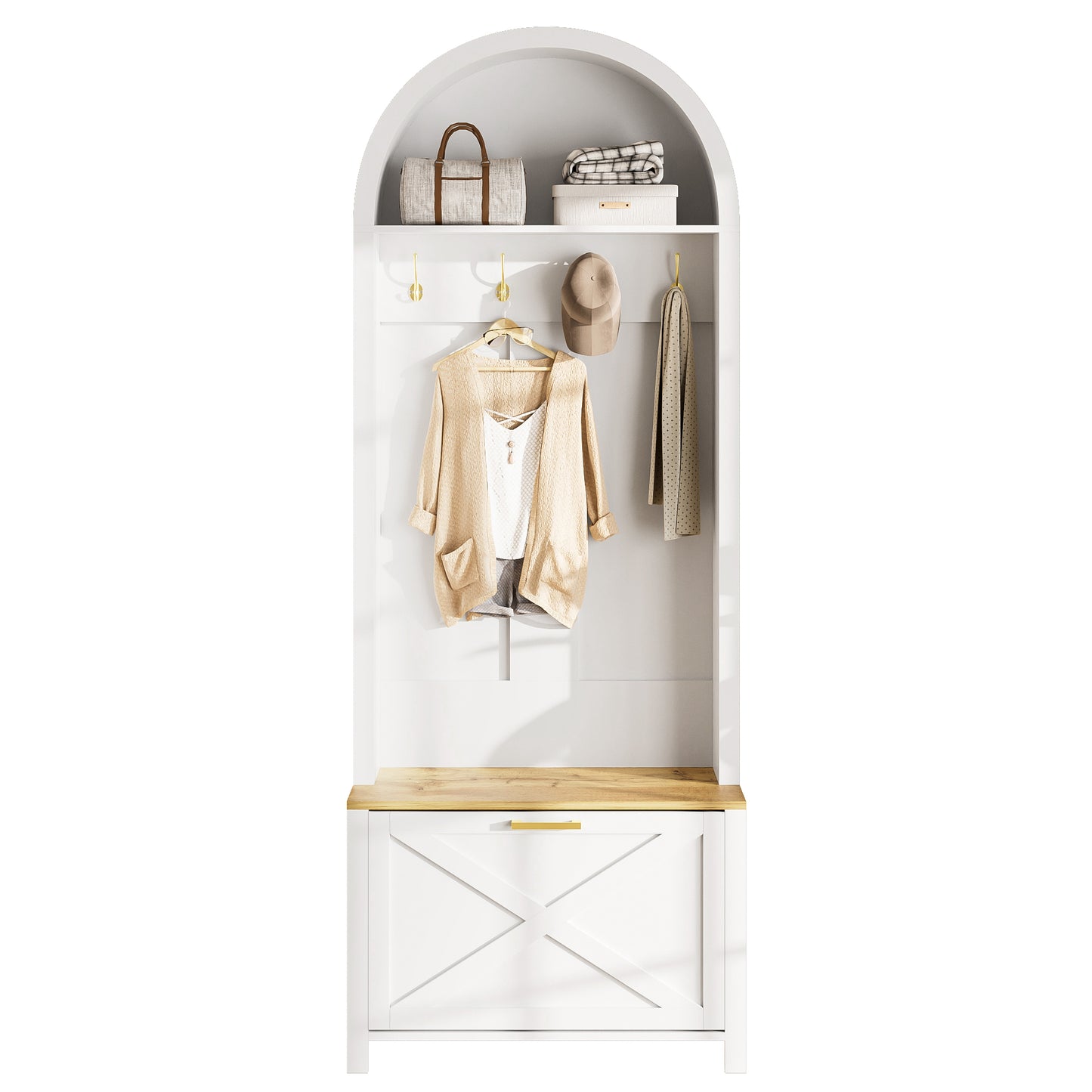 Multifunctional Wardrobe Cabinet With Shoe Rack, Shelf & Hook  Hall Tree For Entrance Area, Durable MDF Body, Modern Design, Sturdy Iron Feet, Practical Storage
