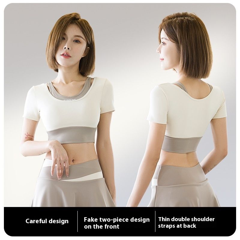 Fake Two Pieces Short Sleeve Quick-drying Bra Pilates Exercise Workout Outfit