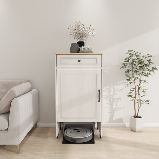 Robot Vacuum Stand Cabinet With Wheels, Sweeping Robot Storage Rack With Doors And Drawers, Side Table For Living Room, Home Office, Kitchen-Antique White