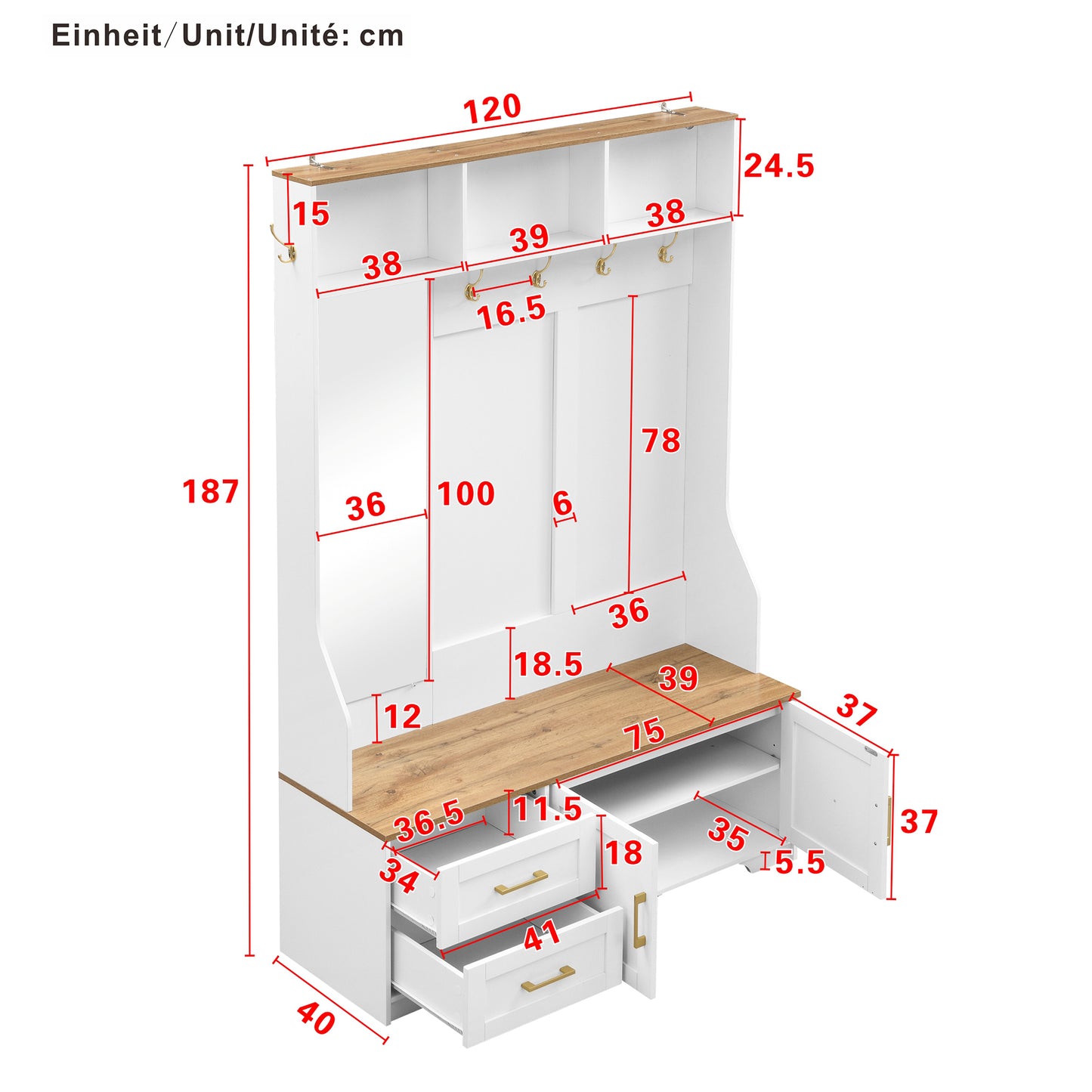 Multifunctional Hallway And Shoe Cabinet With LED Lighting, Mirror, Hooks And Drawers  Modern Wardrobe For Entrance Area & Hallway With Storage Space And Seating Area