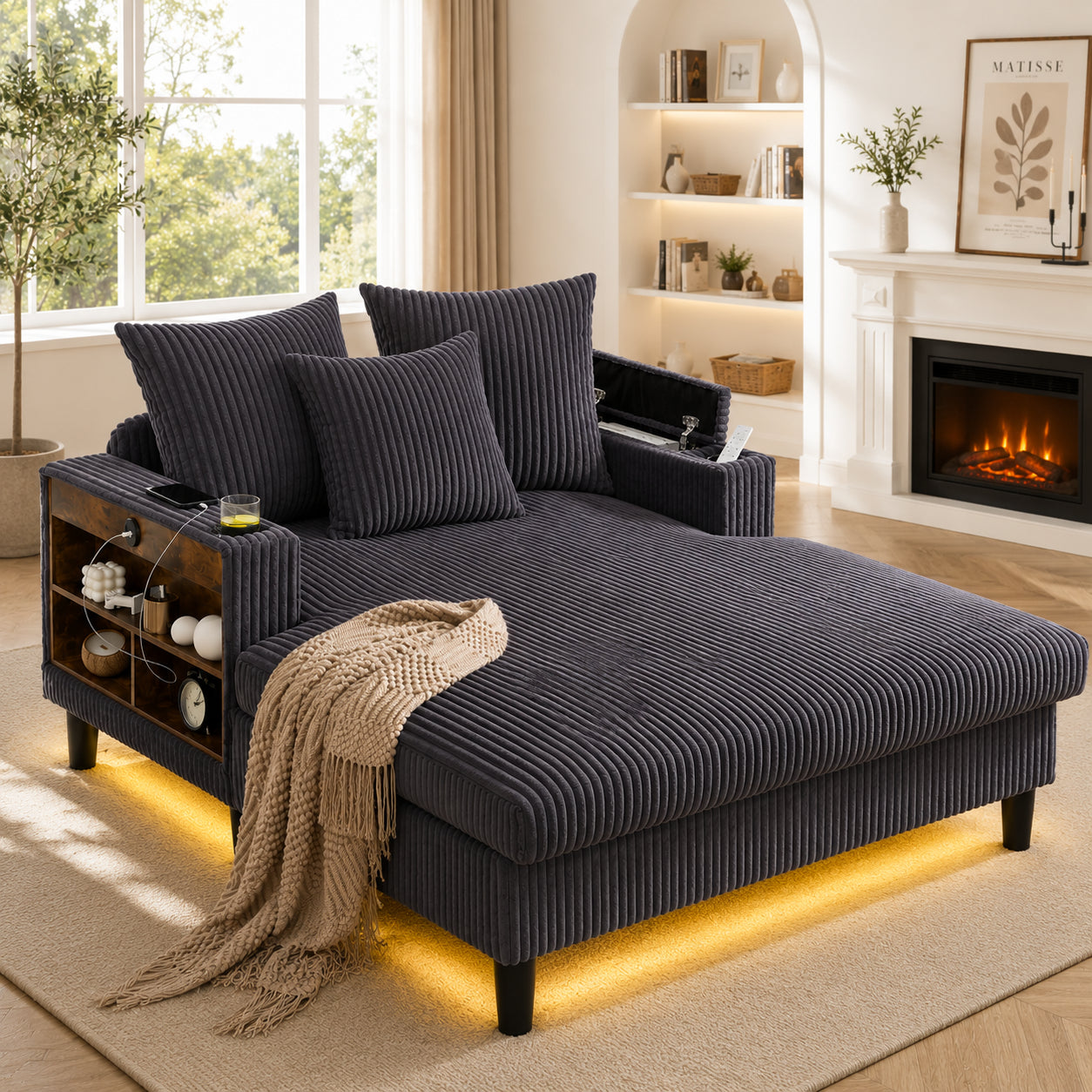 Multifunctional Corduroy Lounge With Chaise Longue With Large Lying Surface, Cup Holders On Both Sides, LED Lighting, Side Pocket, Storage Space, USB Charging Port, Sturdy Plastic Feet  Versatile.