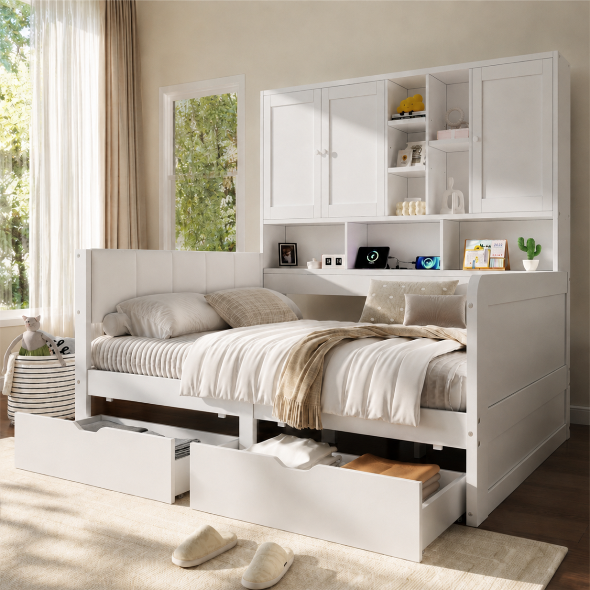 3FT Single Kids Storage Bed 90 X 190cm, White Multifunctional Bed With Overbed Cabinets, 2 Drawers, RGB LED, USB Charging Station & PU Headboard