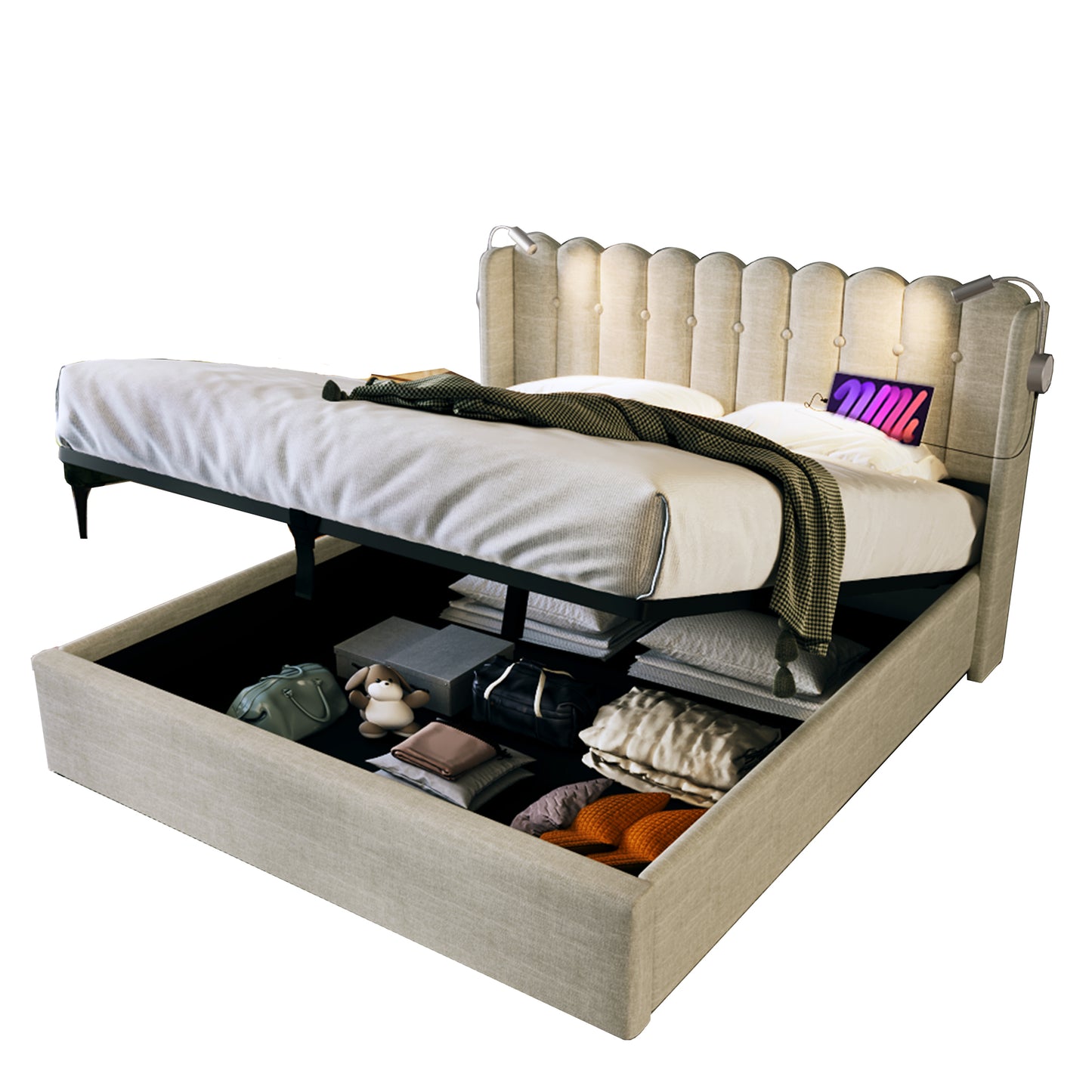 Upholstered Bed Double Bed Reading Light With Charging Function Head Part Storage Bed Frame Linen Material Youth Bed 140x200 With Slate Rust,Natural With Mattress