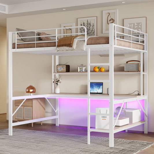 Loft Bed, 140x200 Cm, Railing, Stepladder, With Usb And Socket, With LED Lights, Desk, Multi-storey Shelf, Without Mattress, Metal, White