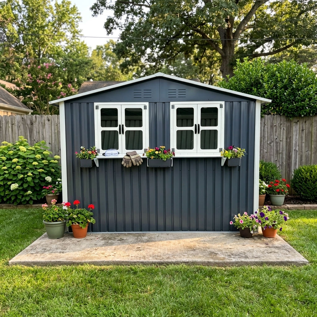 9x6 FT Outdoor Metal Storage Shed With Window & Flower Rack, Lockable Double Doors Tool Shed, Waterproof Weatherproof Garden Shed For  Patio,  Coal Gray