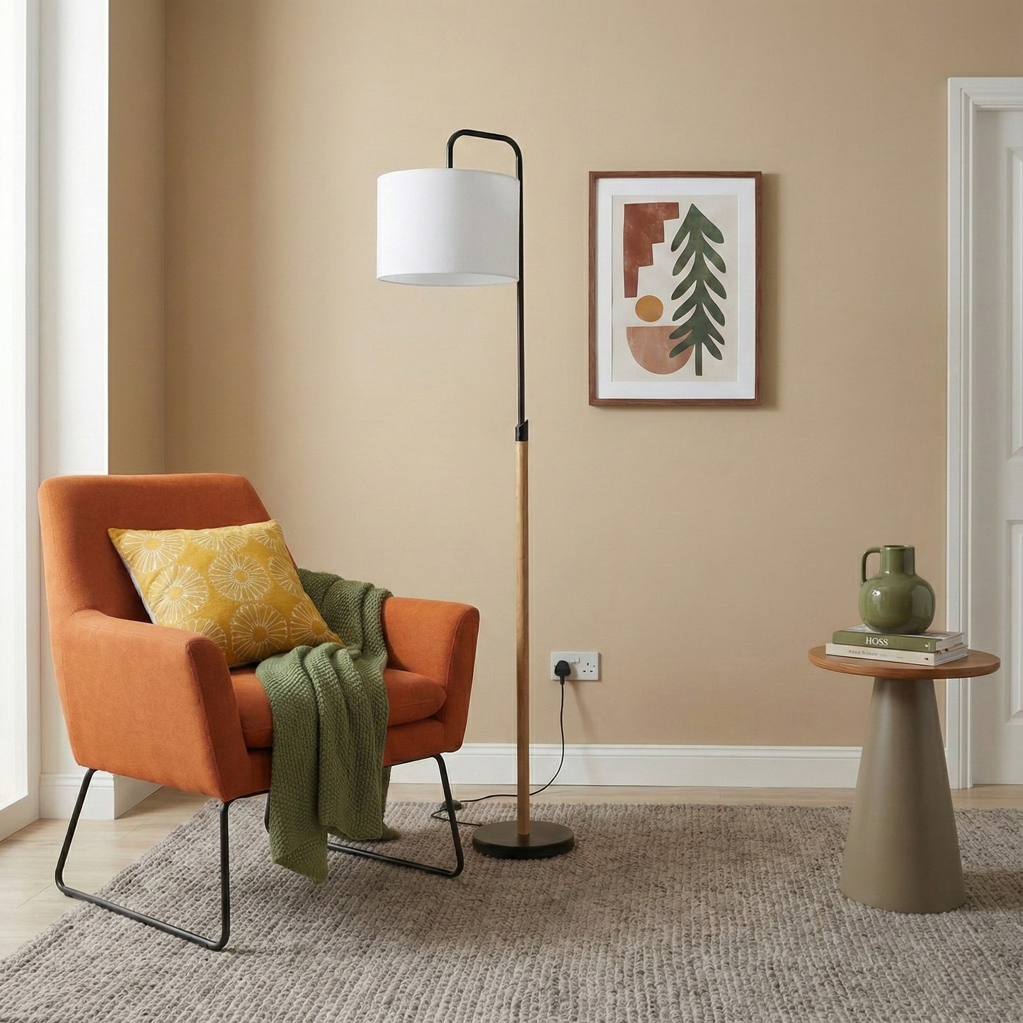 Floor Lamp With Cylinder Shade, Curved Standing Light For Living Room, Bedroom Reading Corner & Office Illumination, Lior Floor Lamp Wooden Pole 110V