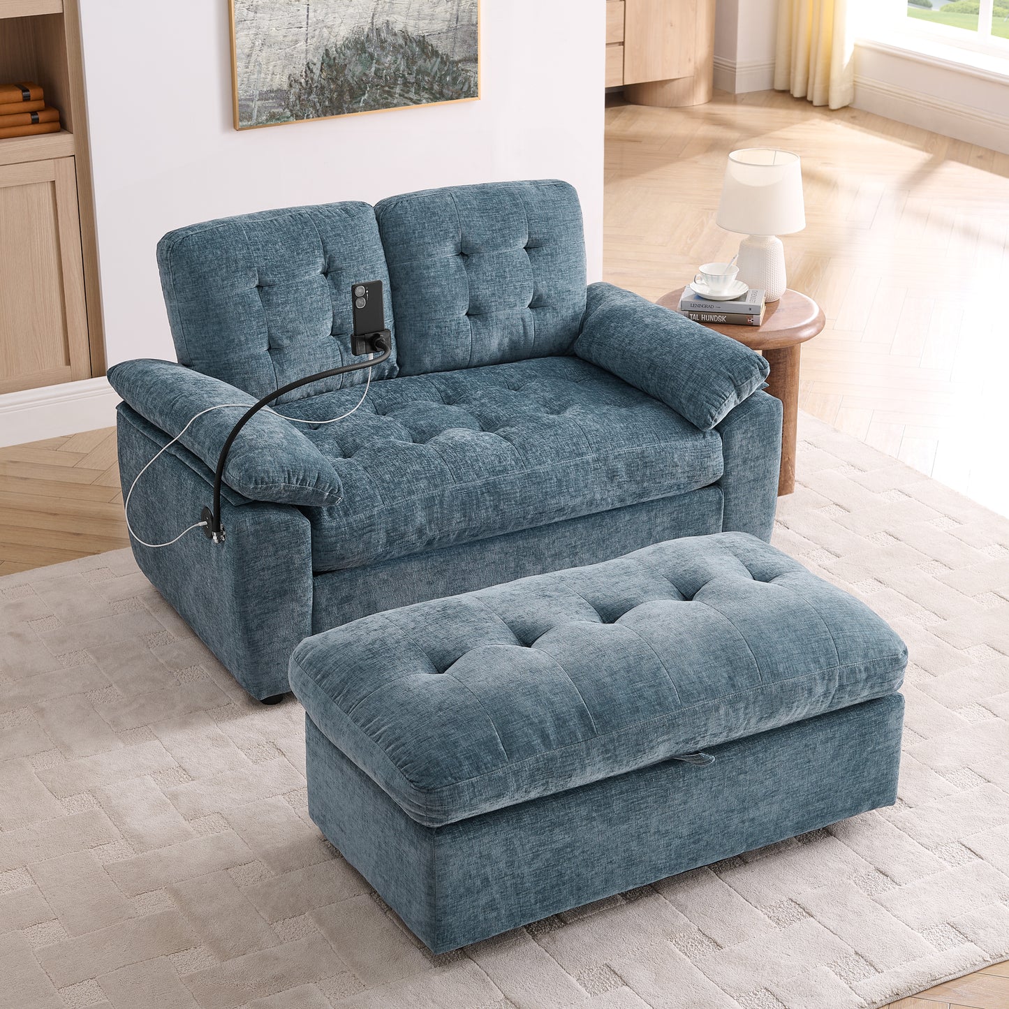 Leisure Sofa Chair,Double Sofa Recliner, With Manually Adjustable Backrest, Soft Padded Armrests, Side USB Charging Port And Phone Stand, Comes With A Matching Storage Ottoman-Blue