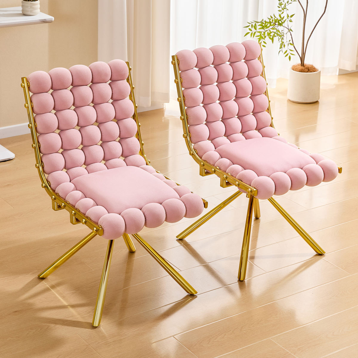 Set Of 2 Modern Pin K Bubble Tufted Accent Chair, Plush Velvet Swivel Chair With Gold Metal Legs, Ergonomic Armless Chair For Living Room, Bedroom & Dining Area