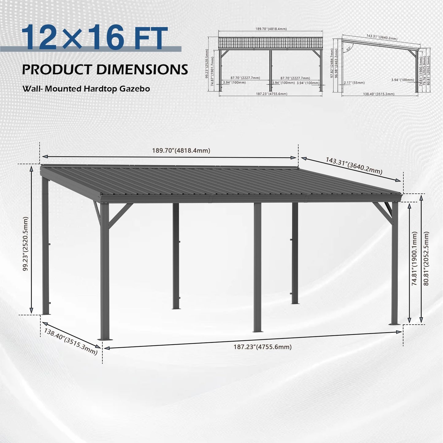 12  X16   Hardtop Lean To Gazebo With Gutters, Connectable Wall Mounted Gazebo Pergola With Galvanized Steel Roof, 60MPH Wind Resistance, Outdoor Large Metal Canopy, For Patio, Deck, Lawn - Grey