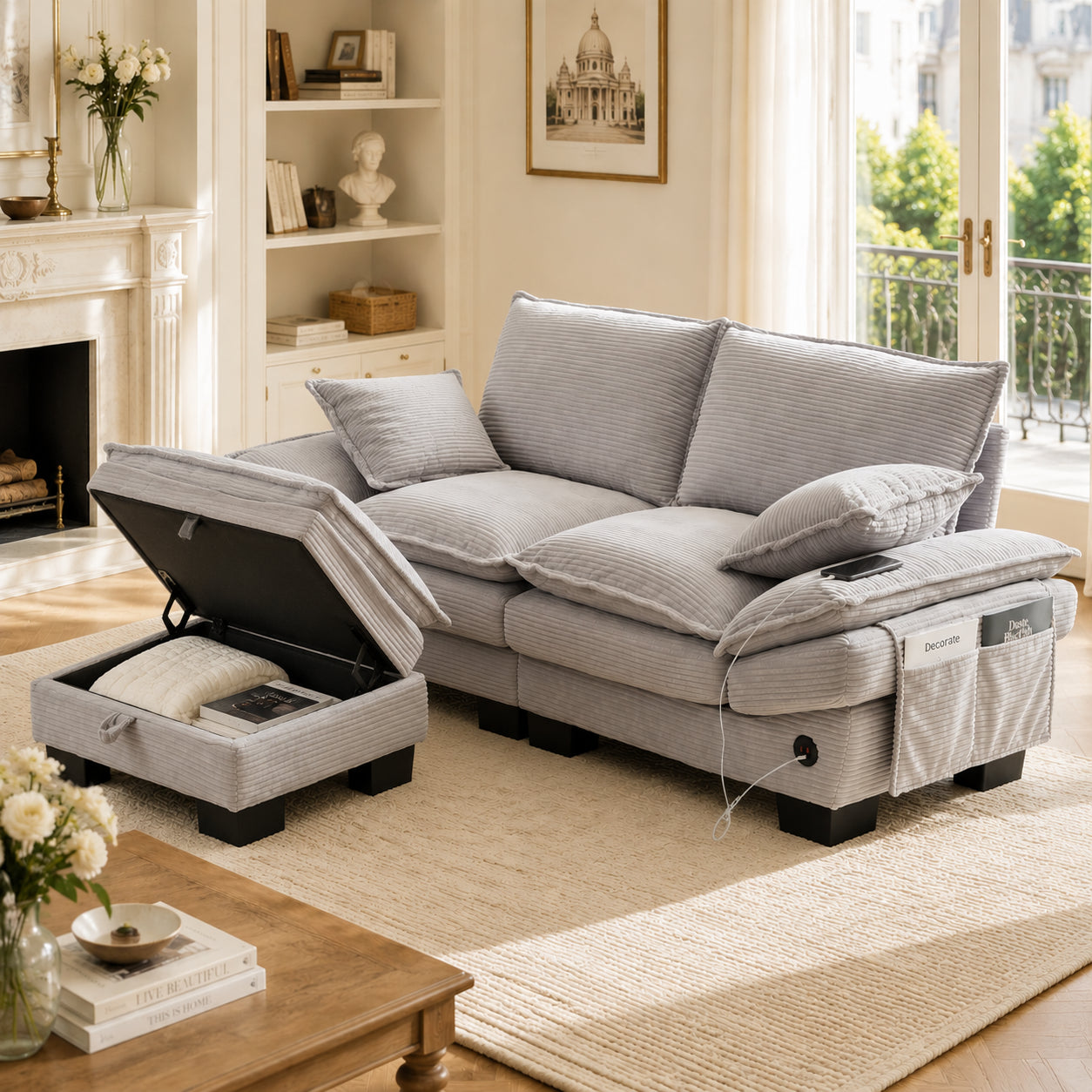 Modular 2-seater Corduroy Sofa  With Stool Wide Seat, Ergonomic Design, High-density Foam Padding, USB-C Port And Side Pockets. Ideal For The Living Room, Office Or Lounge.Light Grey