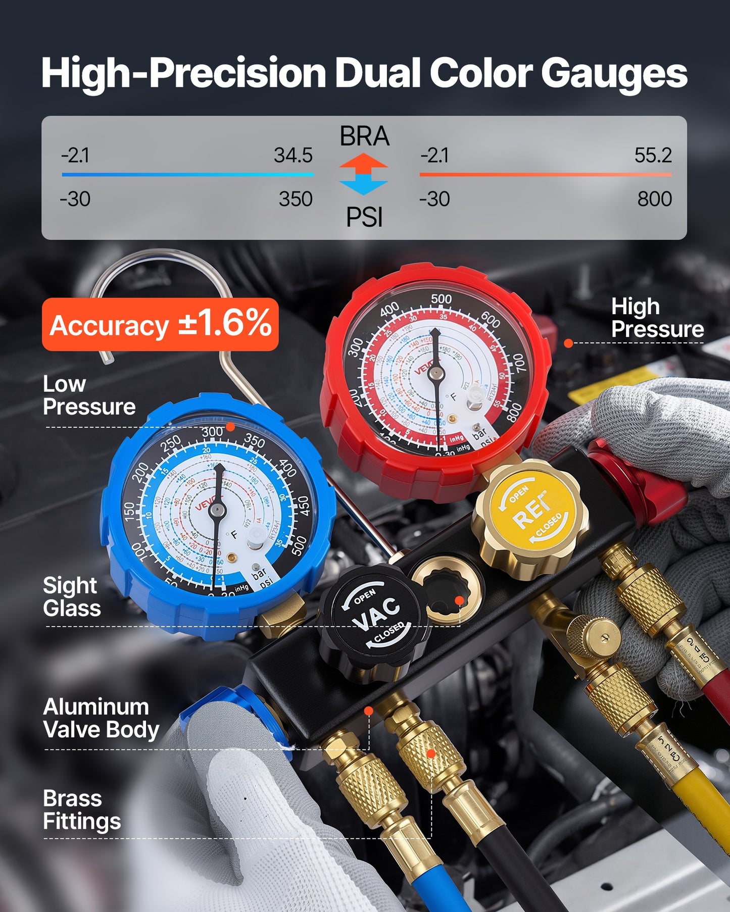 AC Manifold Gauge Set For R134a R404A R1234yf R22 Refrigerant, 4 Way AC Gauge With 5 Ft Hoses, Adapters, Quick Couplers, Can Taps For Automotive Air Conditioning Maintenance, Charging Evacuation