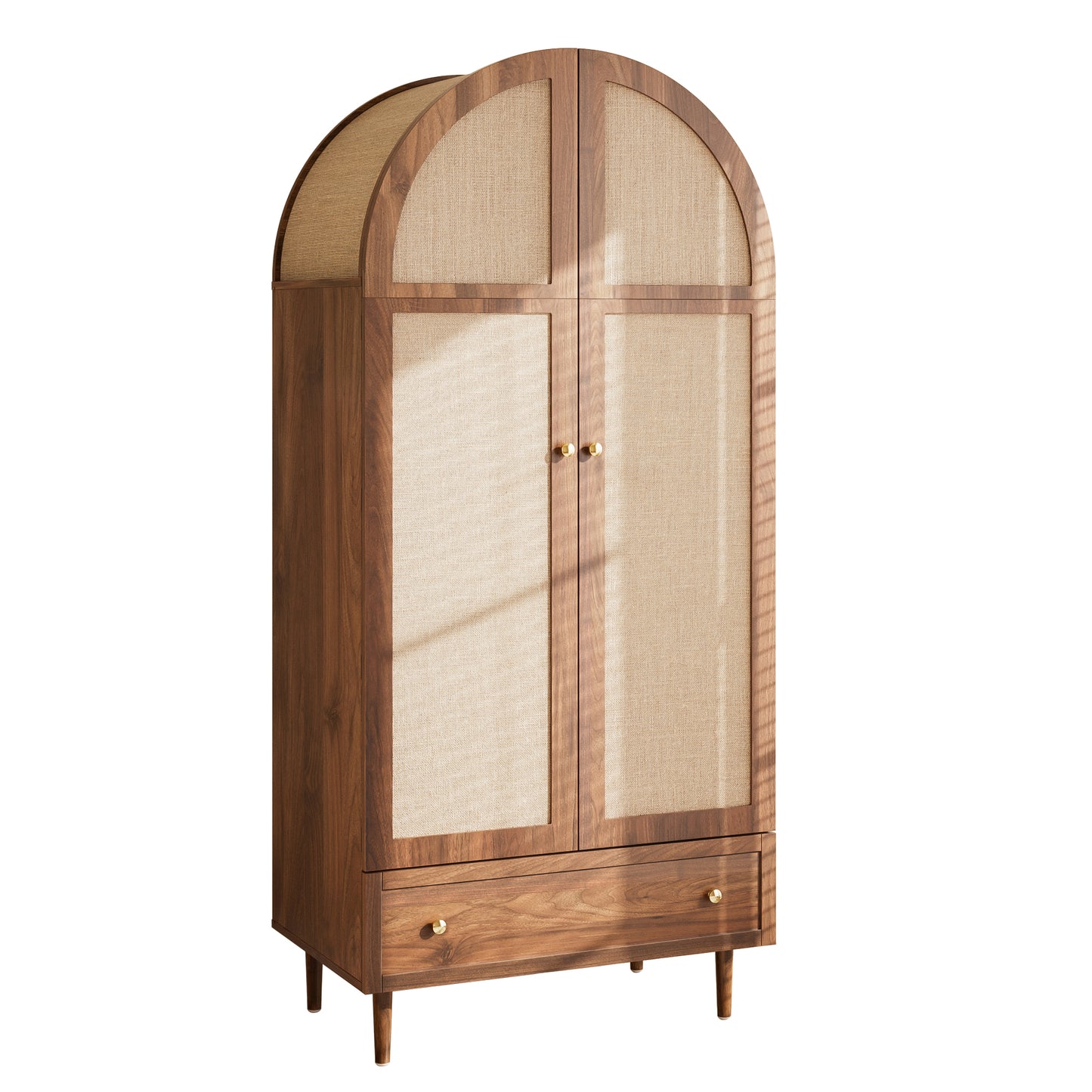 Elegant Wardrobe With Fabric Doors  Drawer, Clothes Cabinet  Walnut Look, Sturdy Wooden Legs, Practical Storage For Clothing & Accessories  Ideal For Bedroom, Guest Room Or Dressing Room