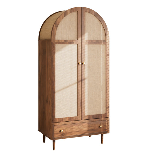 Elegant Wardrobe With Fabric Doors  Drawer, Clothes Cabinet  Walnut Look, Sturdy Wooden Legs, Practical Storage For Clothing & Accessories  Ideal For Bedroom, Guest Room Or Dressing Room