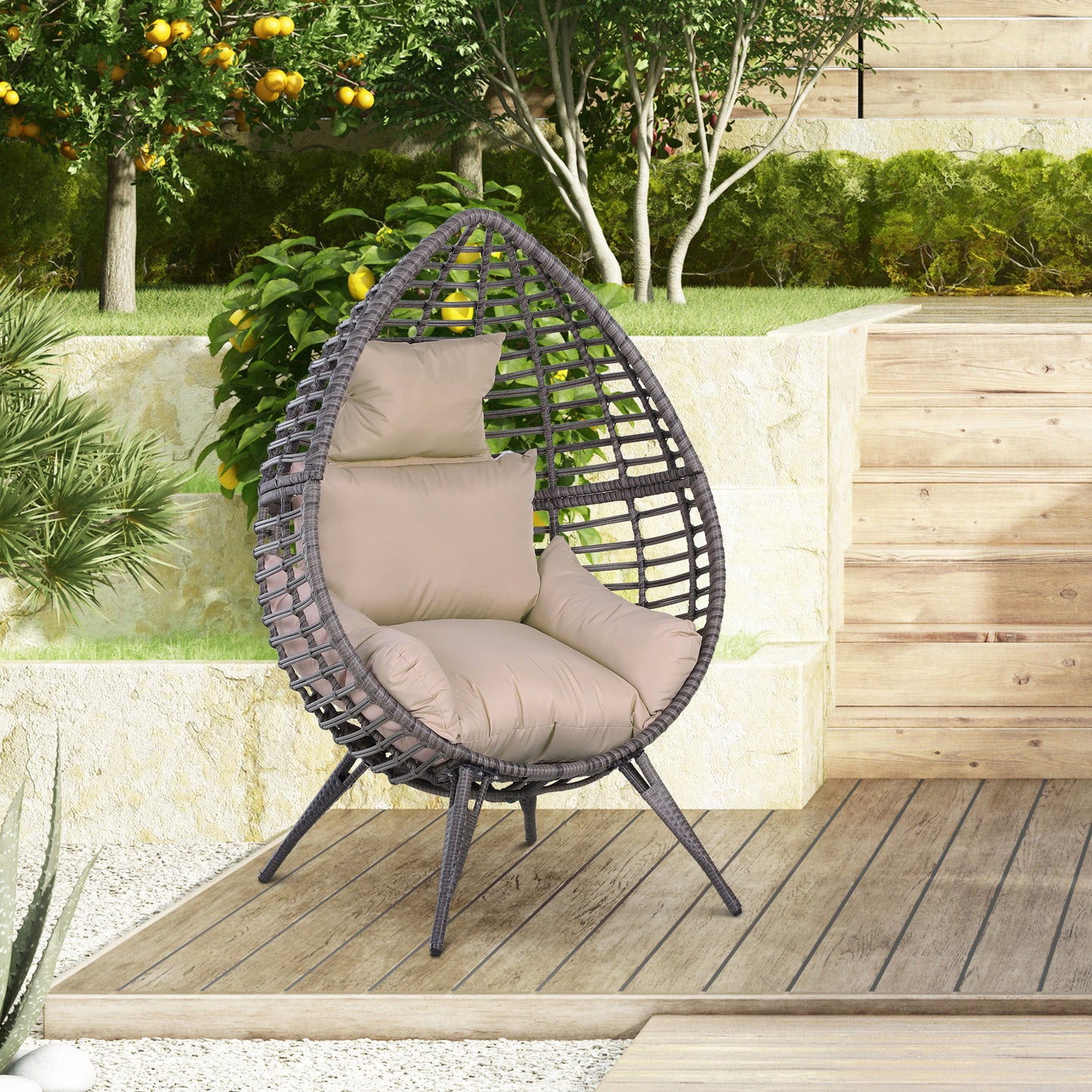 Garden Egg Chair, Teardrop Outdoor PE Rattan Chair With Full-body Soft Padded Cushion, Grey