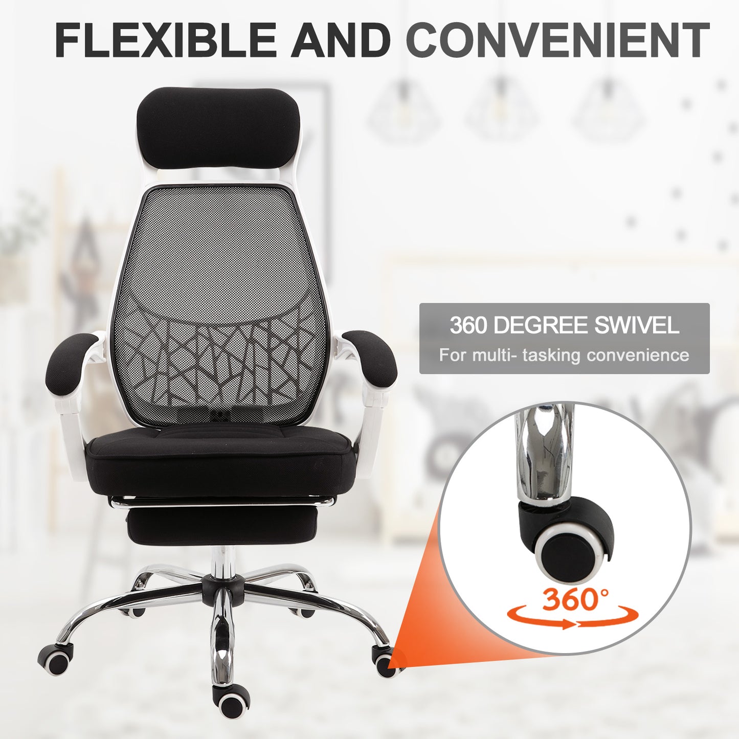 Ergonomic High Back Mesh Office Chair Swivel Reclining Computer Desk Chair with Retractable Footrest, Headrest, Padded Armrest