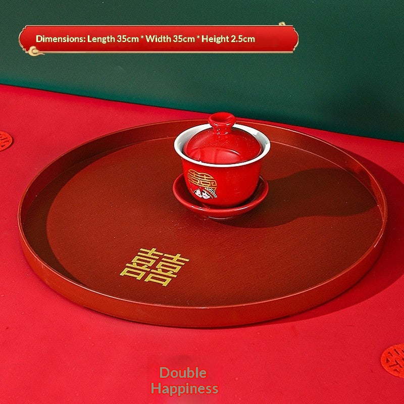 Wood-grain Pattern Round Tray Tea-serving Tray