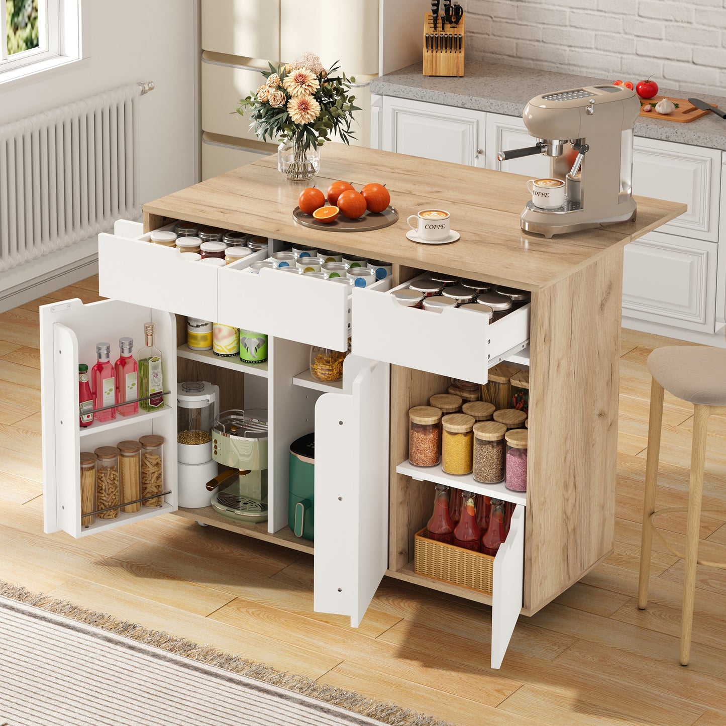 Modern Serving Trolley With 360 Swivel Castors.Intelligent Layout With Drawers, Cupboard Doors And Open Compartments.Flush Handles And Robust Construction   Ideal For Kitchen, Living Room