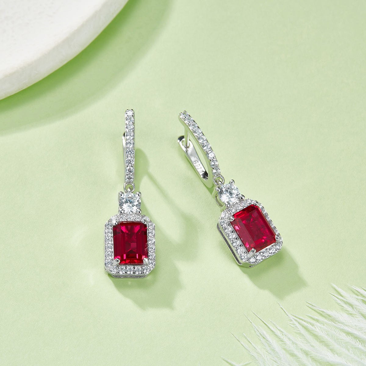 S925 Sterling Silver Lab-Grown Emerald Cut Drop Earrings, 6x8mm 6ct Ruby Sapphire Emerald, Platinum Plated 5.2g Women's Jewelry Gift Box