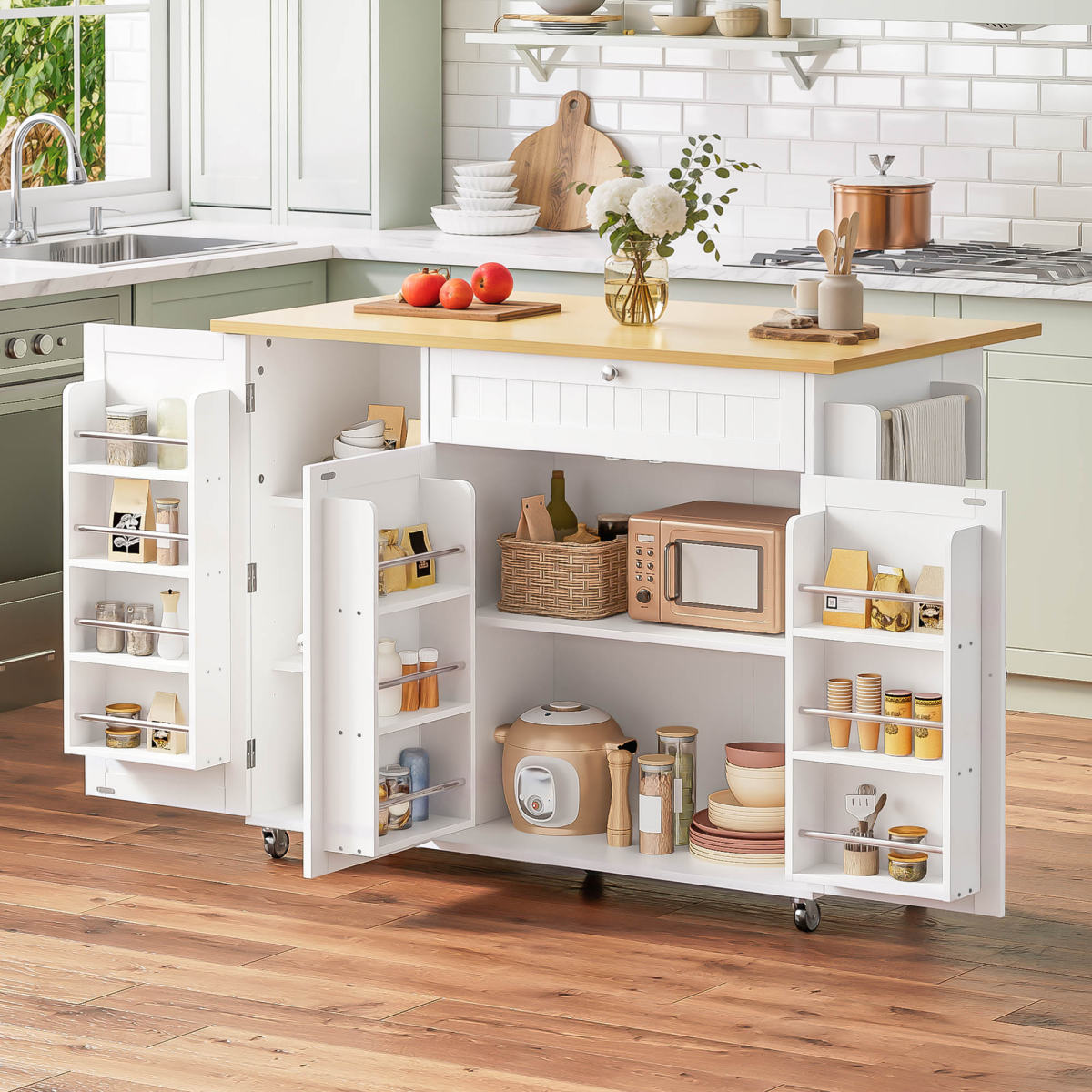 Mobile Kitchen Island With Folding Worktop, Kitchen Trolley, Bar Table, With Drawer And Storage Cabinet, 3 Door Shelves, 120 X 45  X92 Cm