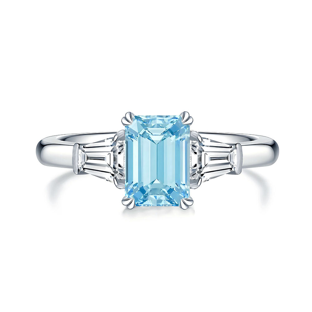 S925 Sterling Silver Aquamarine Fashion Sugar-cube Small Diamond Ring Womens Jewelry