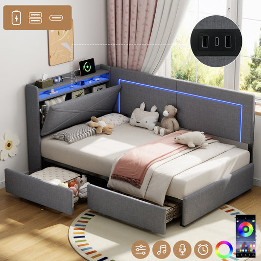 3ft Single Daybed With Two Storage Drawers, LED Concealed Headboard Storage With Charging Station, Modern Linen Sofa Bed For Living Room Bedroom Study Room, 90X190cm, Grey  No Mattress