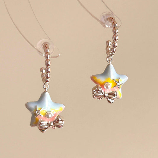 Dopamine Colorful Star Bow Stud Earrings For Women, Sweet Spring Summer Olive Bead C-Shaped Tassel Fashion Dainty Ear Jewelry
