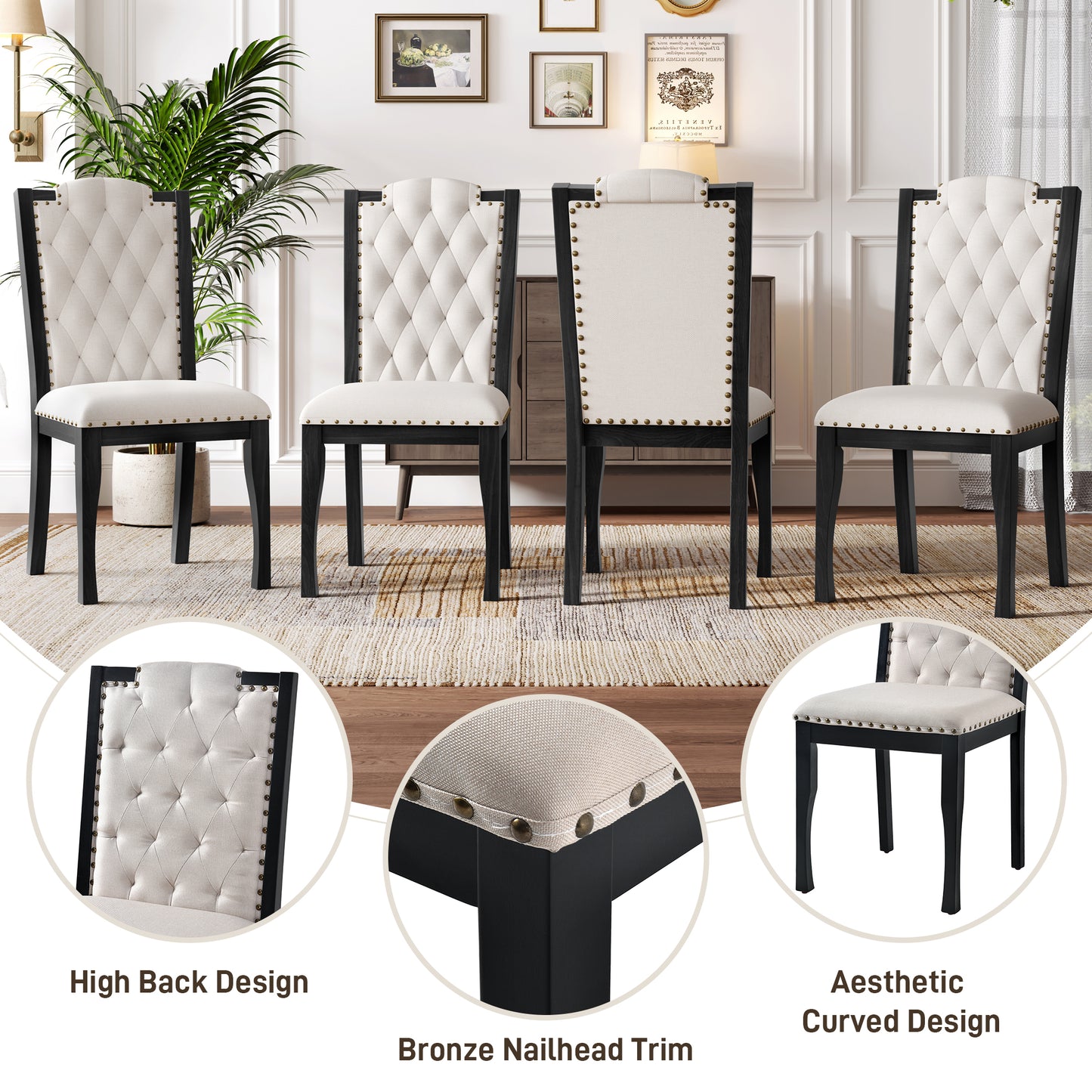 Upholstered Dining Chairs Set Of 4, High Back Diamond Button Tufted Kitchen Chairs With Solid Wood Legs And Nailhead Trims For Dining Room, Living Room, Restaurant, Biege Black