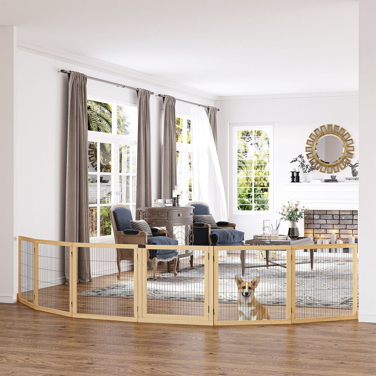 PawHut Wooden Pet Gate, Freestanding Dog Safety Barrier With Two Support Feet - Natural Tone