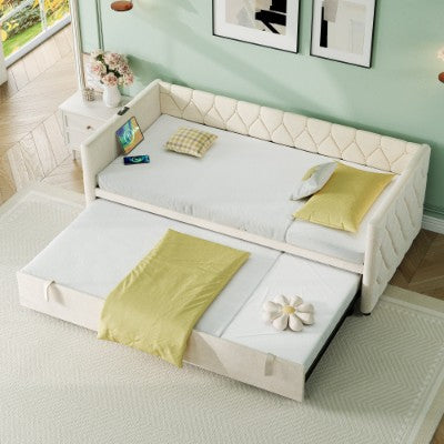 Upholstered Daybed, Sofa Bed With Charging Station, 3ft Single Button-tufted Bed With USB And Type - C Ports, Pull Out Trundle Bed For Living Room Bedroom Study Room, Linen, Grey No Mattress