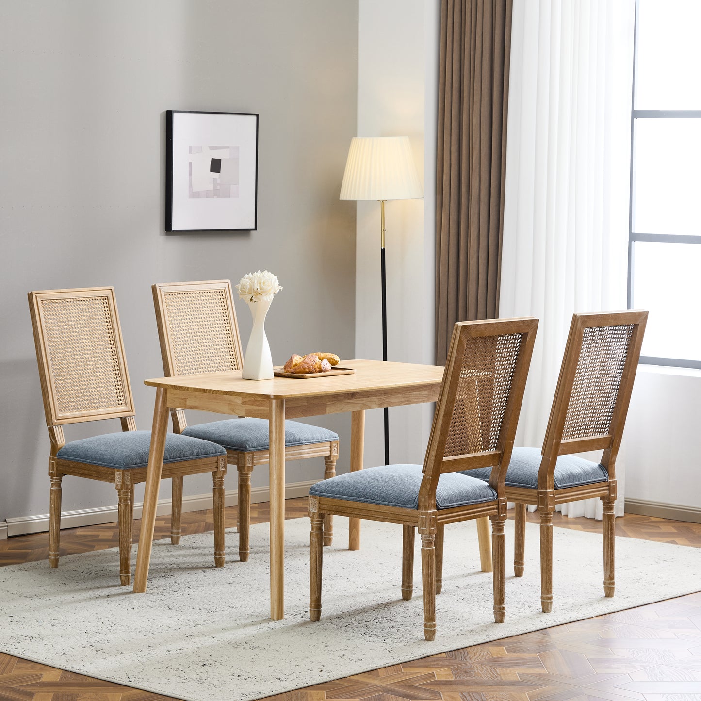 Set Of 4 French Country Dining Chairs - Elegant Cane Backrest & Upholstered Seats With Fluted Legs - Rustic Weathered Finish - Solid Rubberwood Frame - Vintage Inspired Kitchen & Dining Room Chairs